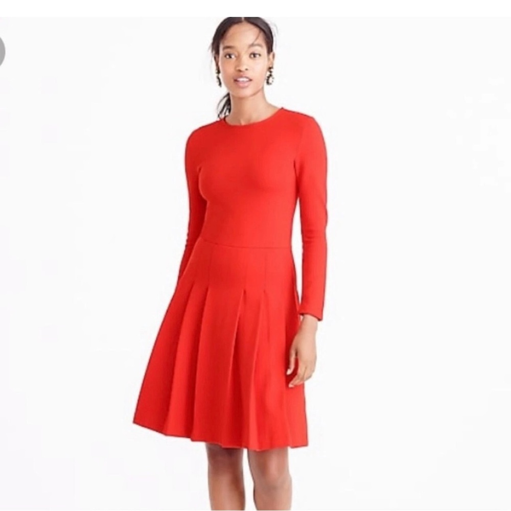 Women’s J.CREW Ponte Midi Pleated Long Sleeve Structured Red Knit Dress Size 6